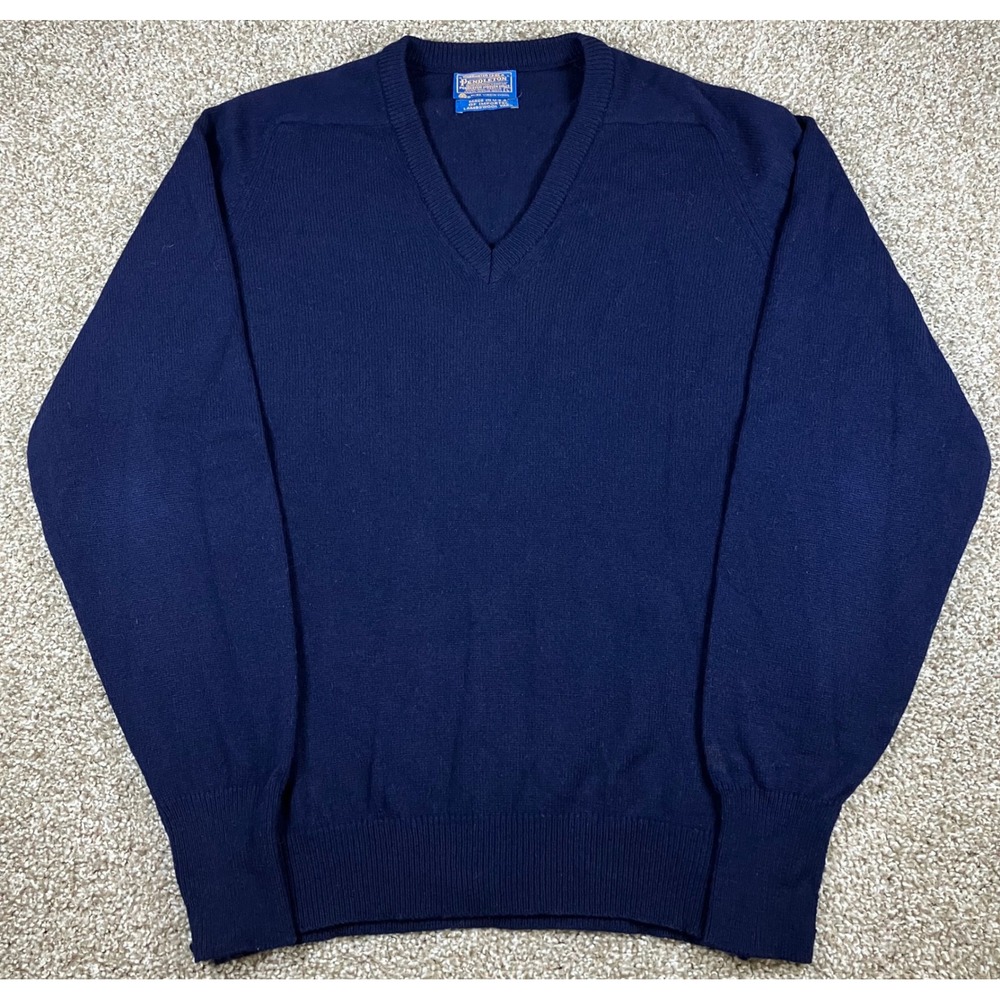 Pendleton Mens Navy Blue V-Neck Lambswool Sweater Made in USA Size Large